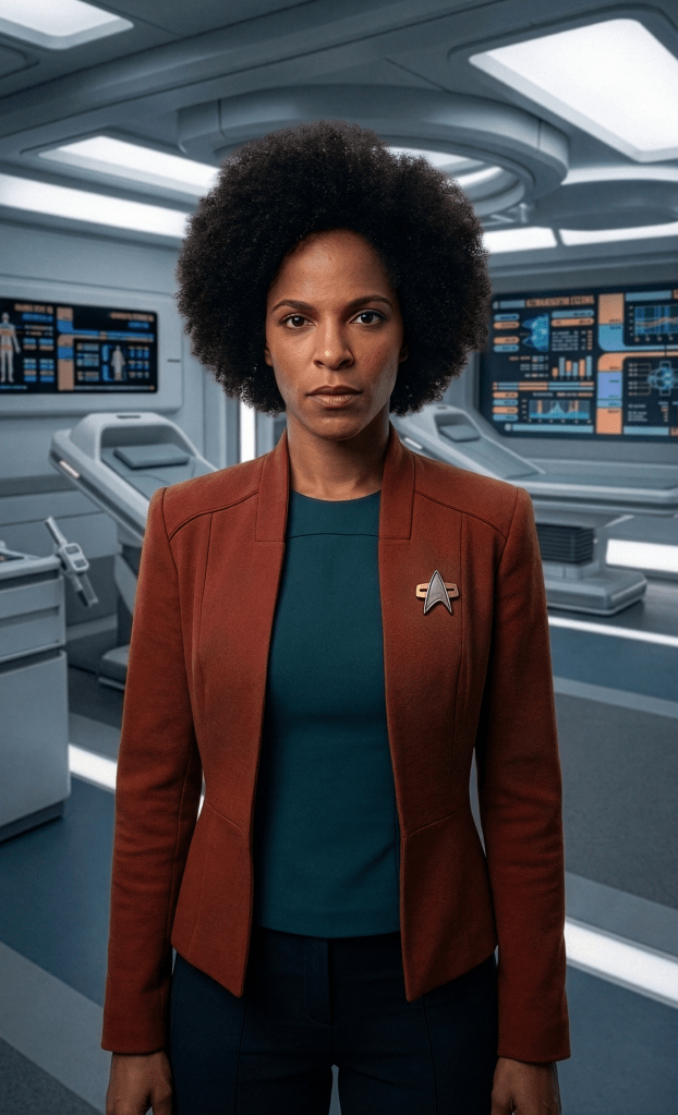Megalyn Echikunwoke as Dr. Helena Bourget. Doctor Helena Bourget stands in a medical lab aboard the USS Cantabrian in 2373.
