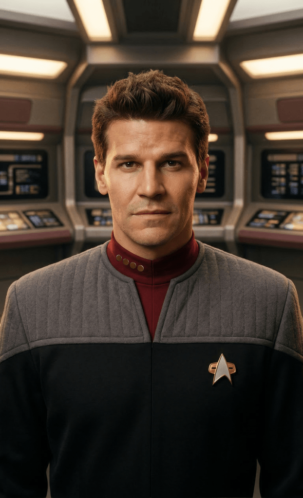 David Boreanaz as Liam de Gaillimhe. Captain de Gaillimhe is standing in a control room aboard the USS Aotearoa in 2373.