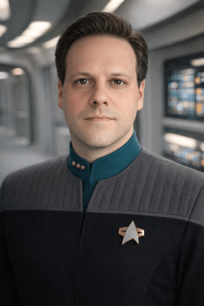 Scott Fack as Daniel Radke. Counselor Daniel Radke stands in a corridor aboard the USS Cantabrian-A in 2376.