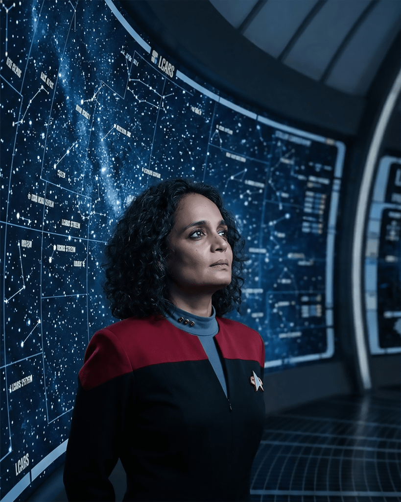 Arundhati Roy as Elizabeth Singh. Lieutenant Commander Elizabeth Singh, first officer of the USS Cantabrian, stands in Stellar Cartography in 2372.